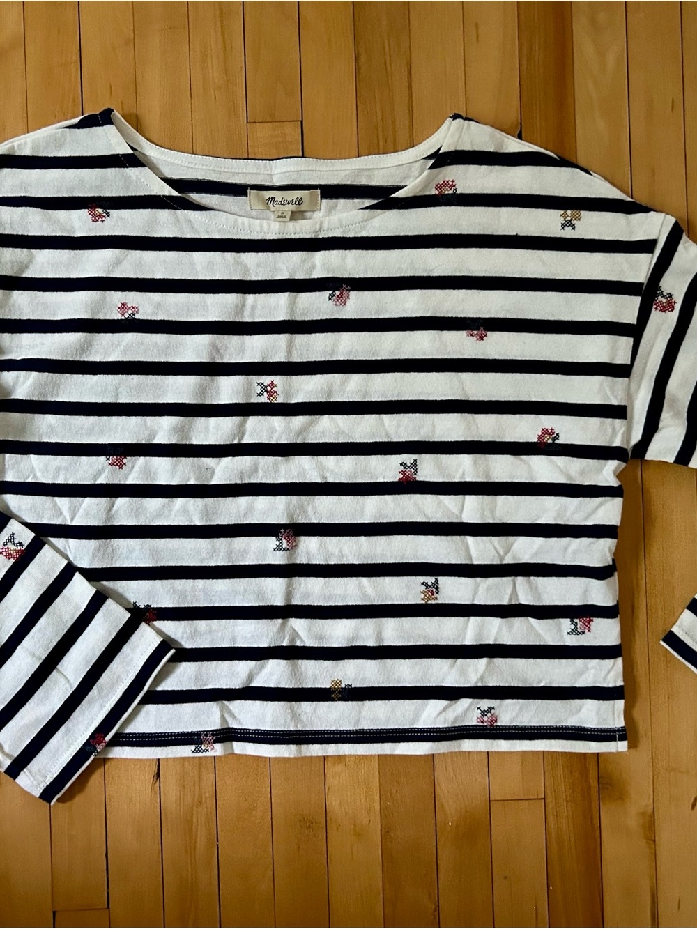 NWOT Madewell Navy & White Striped Long Sleeve Top with Floral Embroidery